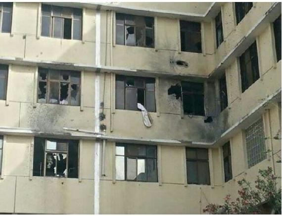 Exterior damage from shelling to a building in Althawrah Hospital